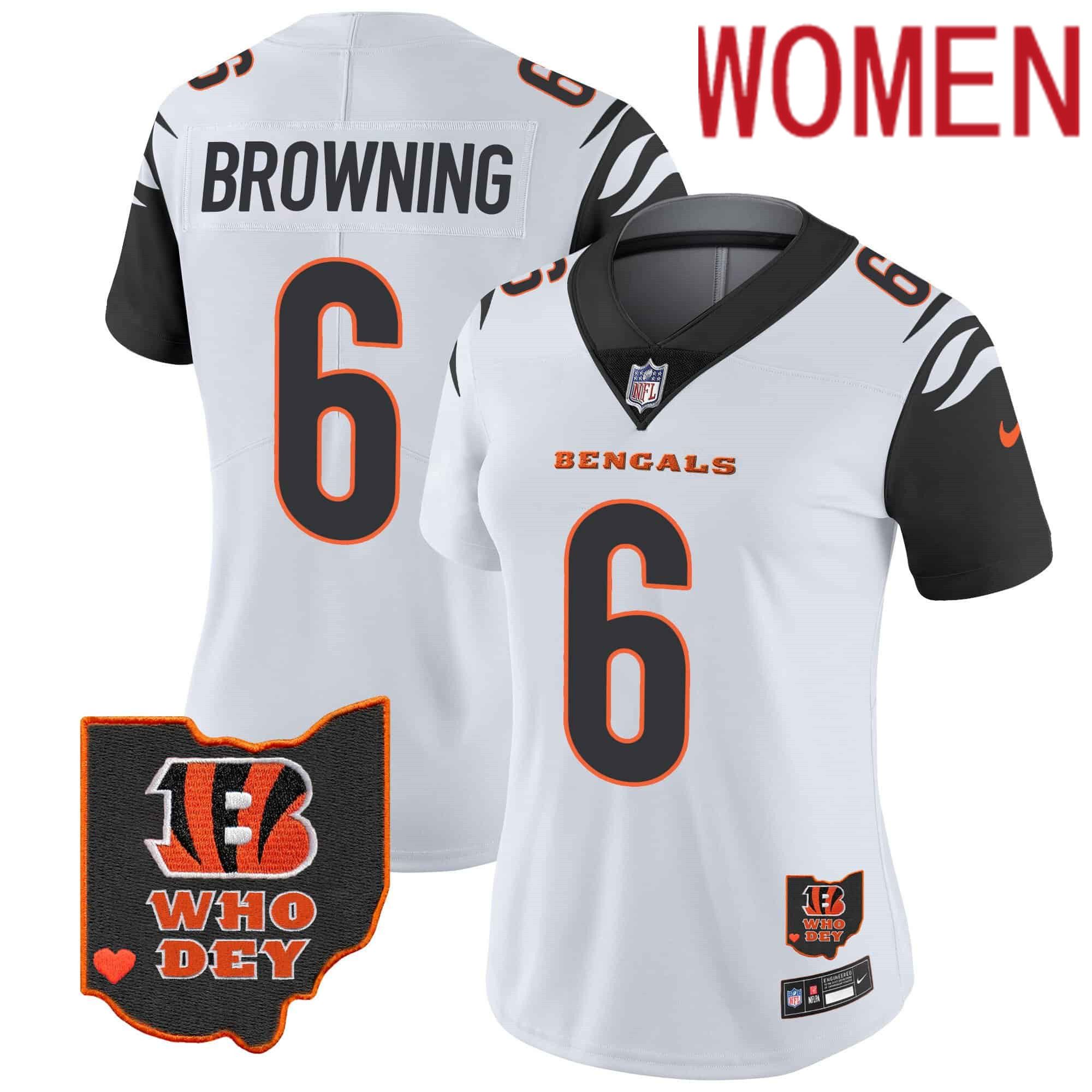 Women Cincinnati Bengals #6 Browning White 2024 Nike Patch Vapor Limited NFL Jersey style 1